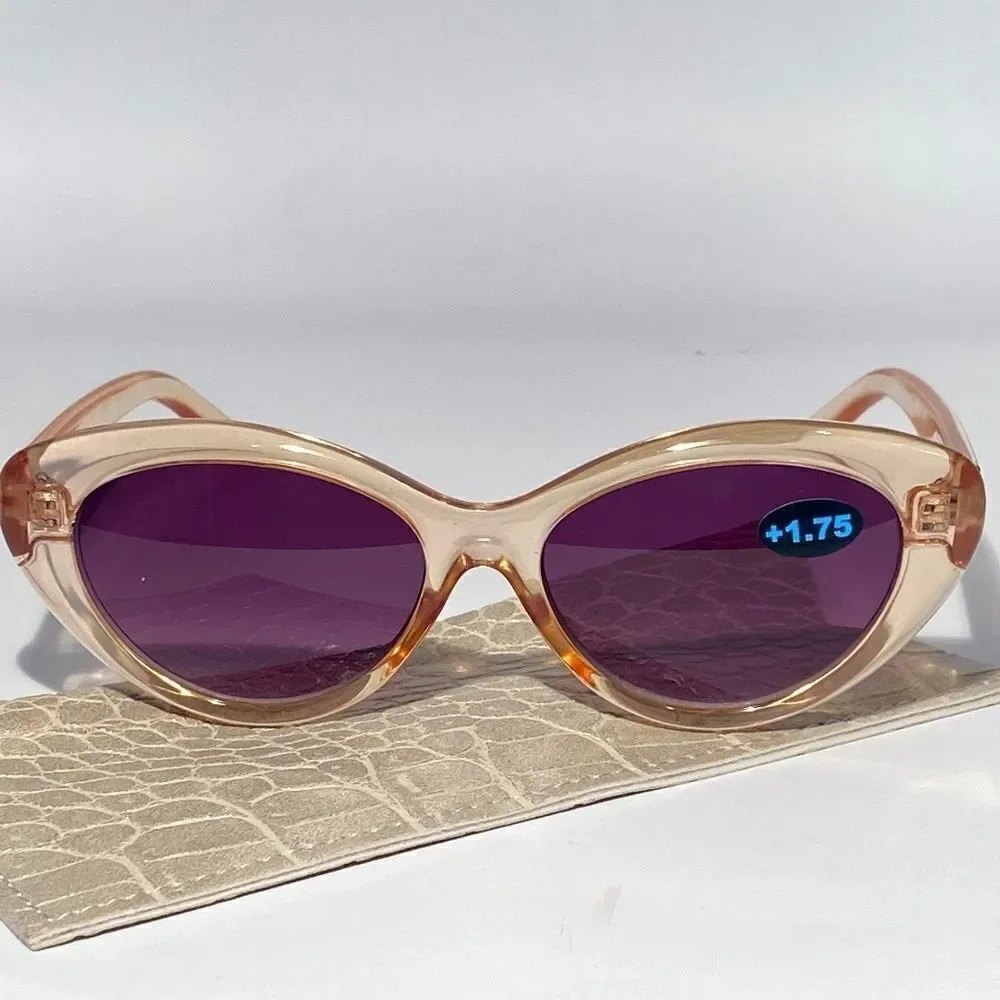 Barbara Reading Sunglasses 1.75 Clear Gold Sweetheart Frames Dark Lenses NWT